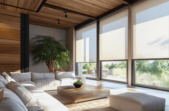 Living room with light-filtering roller shades on floor-to-ceiling windows
