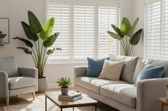 Bright living room with white plantation shutters behind a gray sofa