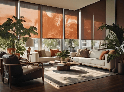 Living room with motorized roller shades softening the afternoon sun